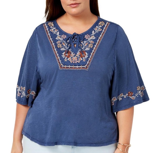 Style & Co. Tops - Style & Co Blue Embroidered Boho Top Size L & 1X